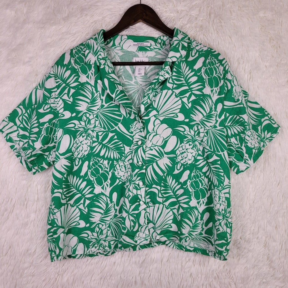 Nicole Miller Linen Tropical Green Top Sz M Beach European Flax Camp Resort Boxy